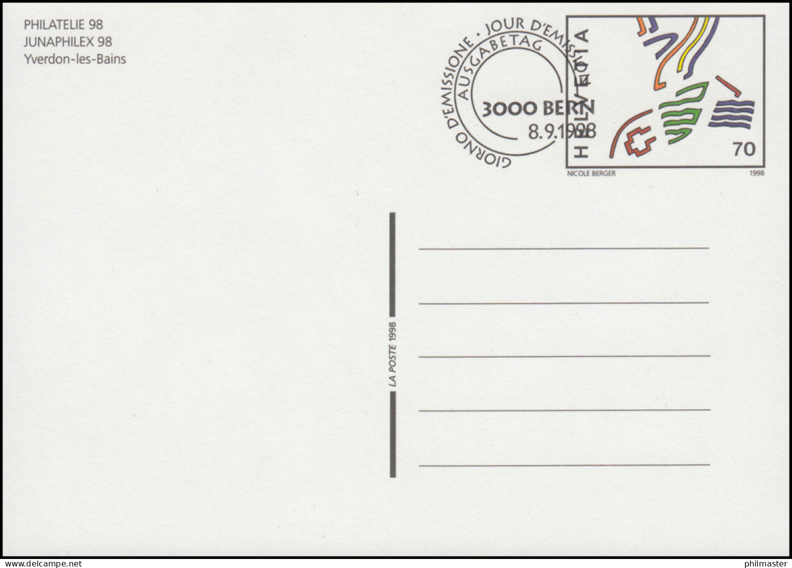 Schweiz Postkarte P 265 PHILATELIA 98 / JUNAPHILEX 98, ESSt Bern 8.9.1998 - Enteros Postales