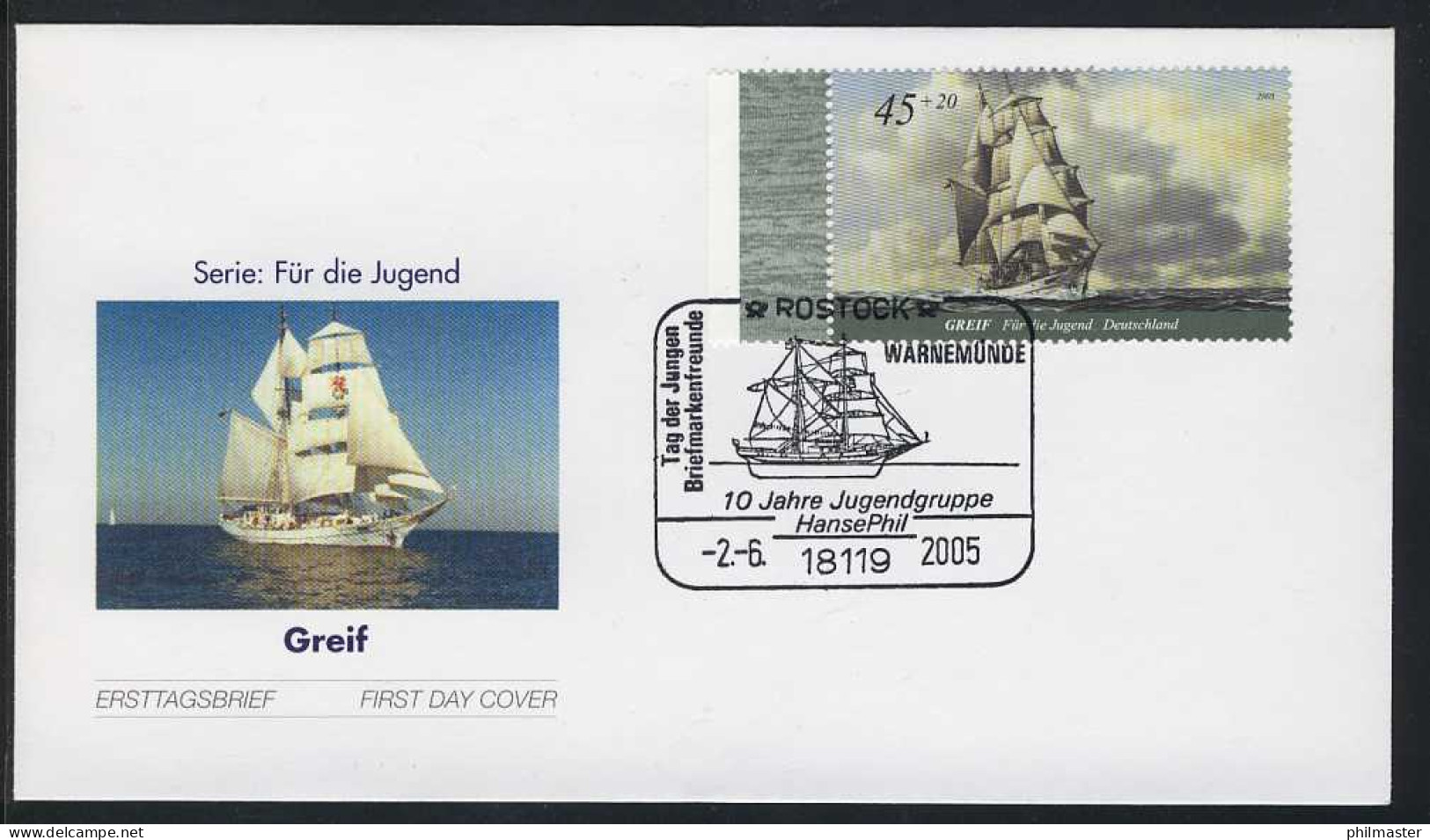 2464 Jugend Großsegler 45+20 C Auf FDC ESSt Rostock HansePhil 2.6.2005 - Storia Postale