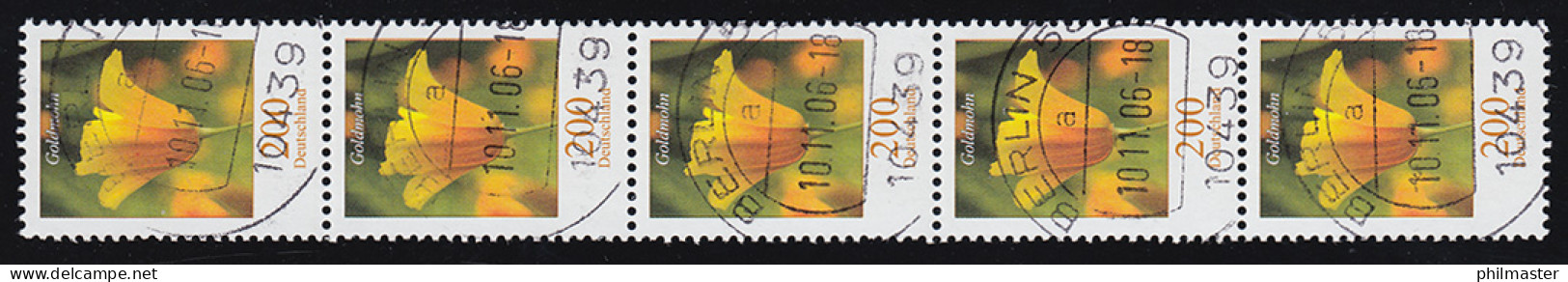 2568 Goldmohn Als 5er-Streifen Mit Tagesstempel BERLIN 10.11.06 Mit Nummer 170 - Roulettes