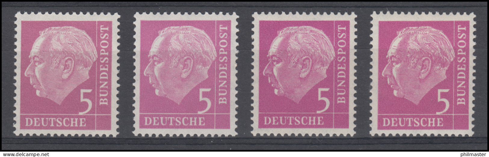 179v Heuss 5 Pf. Geriffelte Gummierung, Set Mit 4 Farbvarianten, Alle Marken ** - Unused Stamps