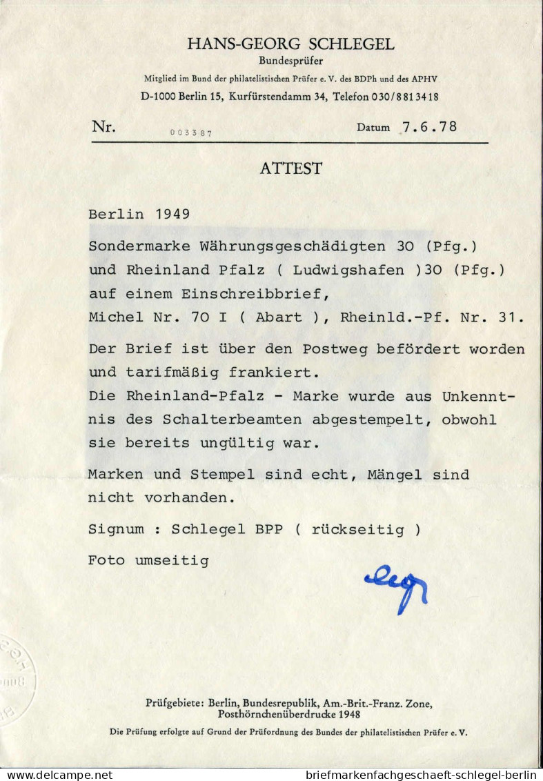Berlin, 1949, 70, Fr.Zone Rh.Pf. 31, Brief - Sonstige & Ohne Zuordnung