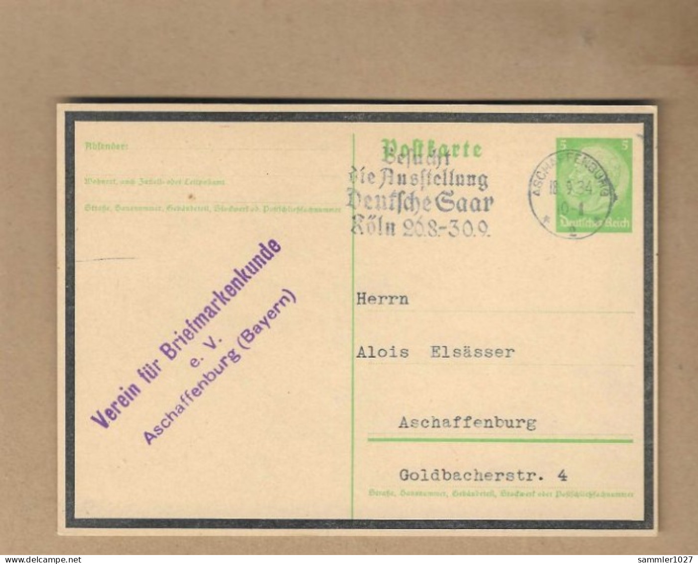 Los Vom 04.05 Ganzsache-Postkarte Aus Aschaffenburg 1934 - Covers & Documents