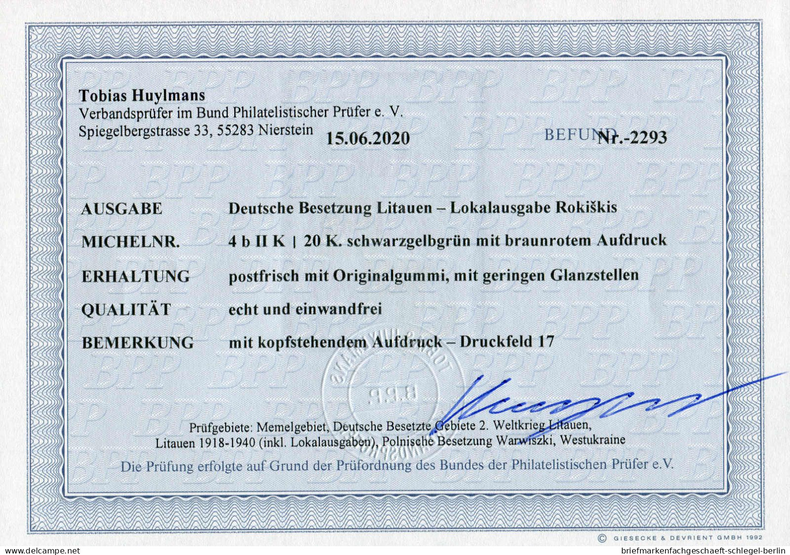 Deutsche Besetz.II.WK Litauen Rokiskis, 1941, Postfrisch - Occupation 1938-45