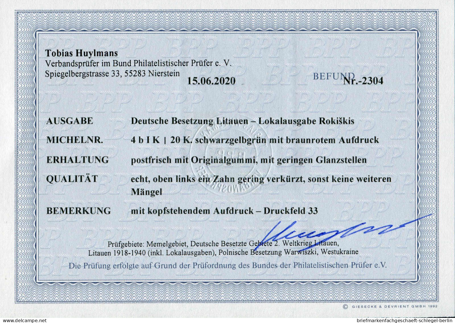 Deutsche Besetz.II.WK Litauen Rokiskis, 1941, Postfrisch - Occupation 1938-45