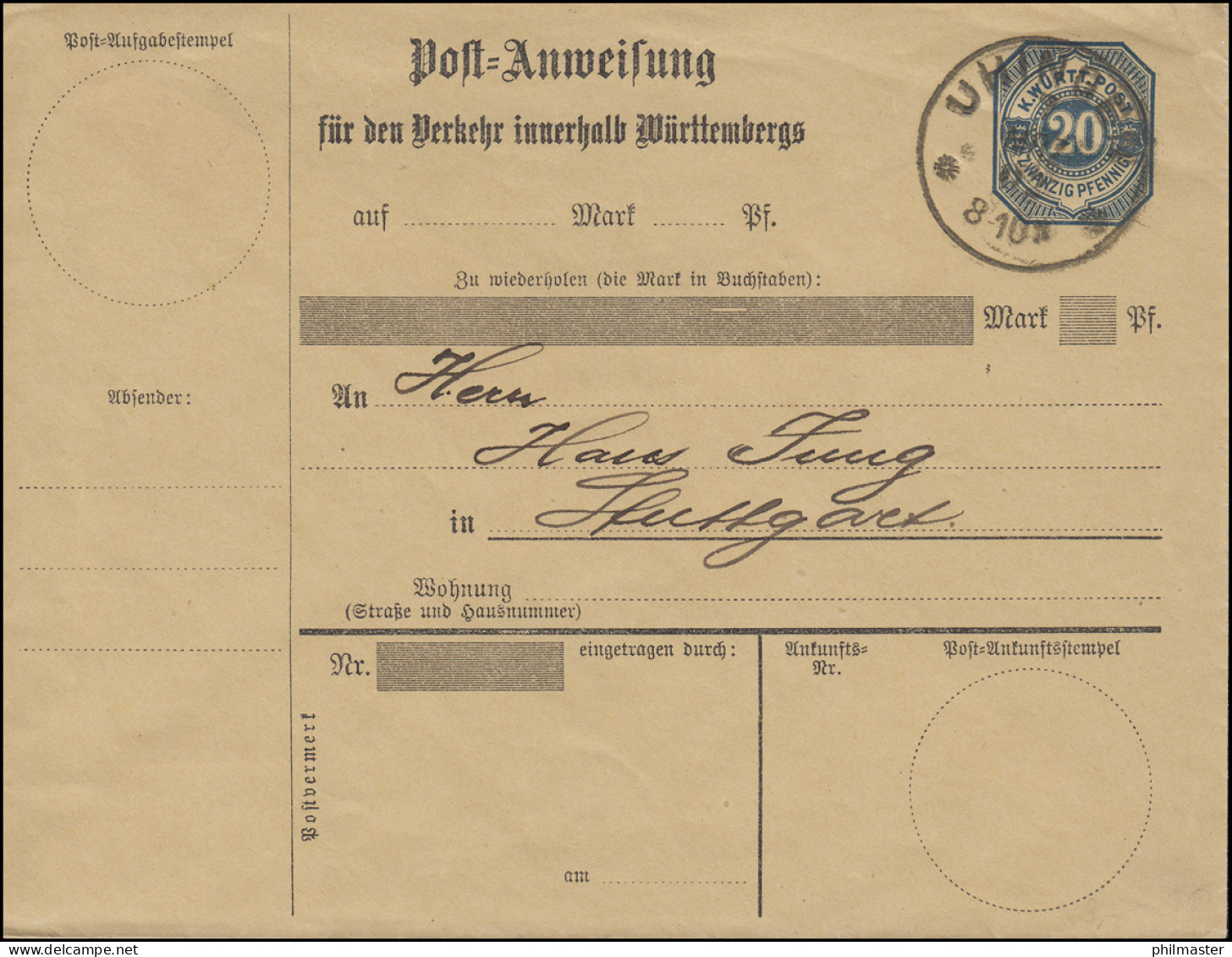 Württemberg Postanweisungs-Umschlag 20 Pf. Blau Gefälligkeits-O UHINGEN 7.12.02 - Postwaardestukken