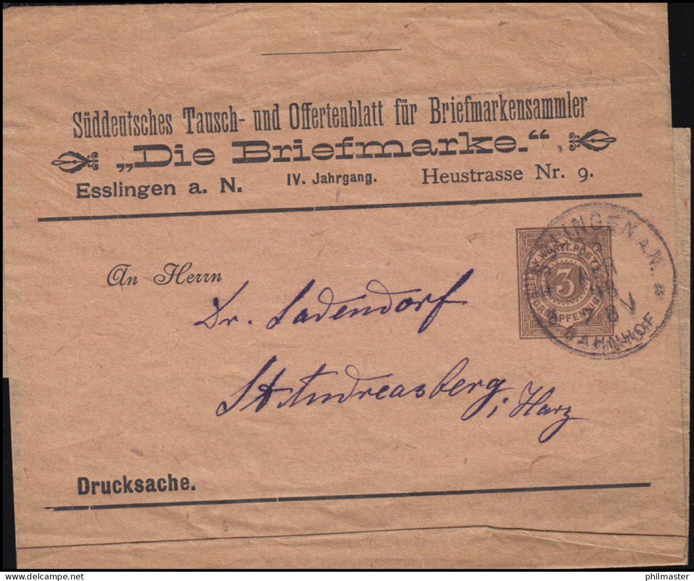 Württemberg Streifband Als Drucksache Die Briefmarke ESSLINGEN-BAHNHOF 3.4.1898 - Postwaardestukken