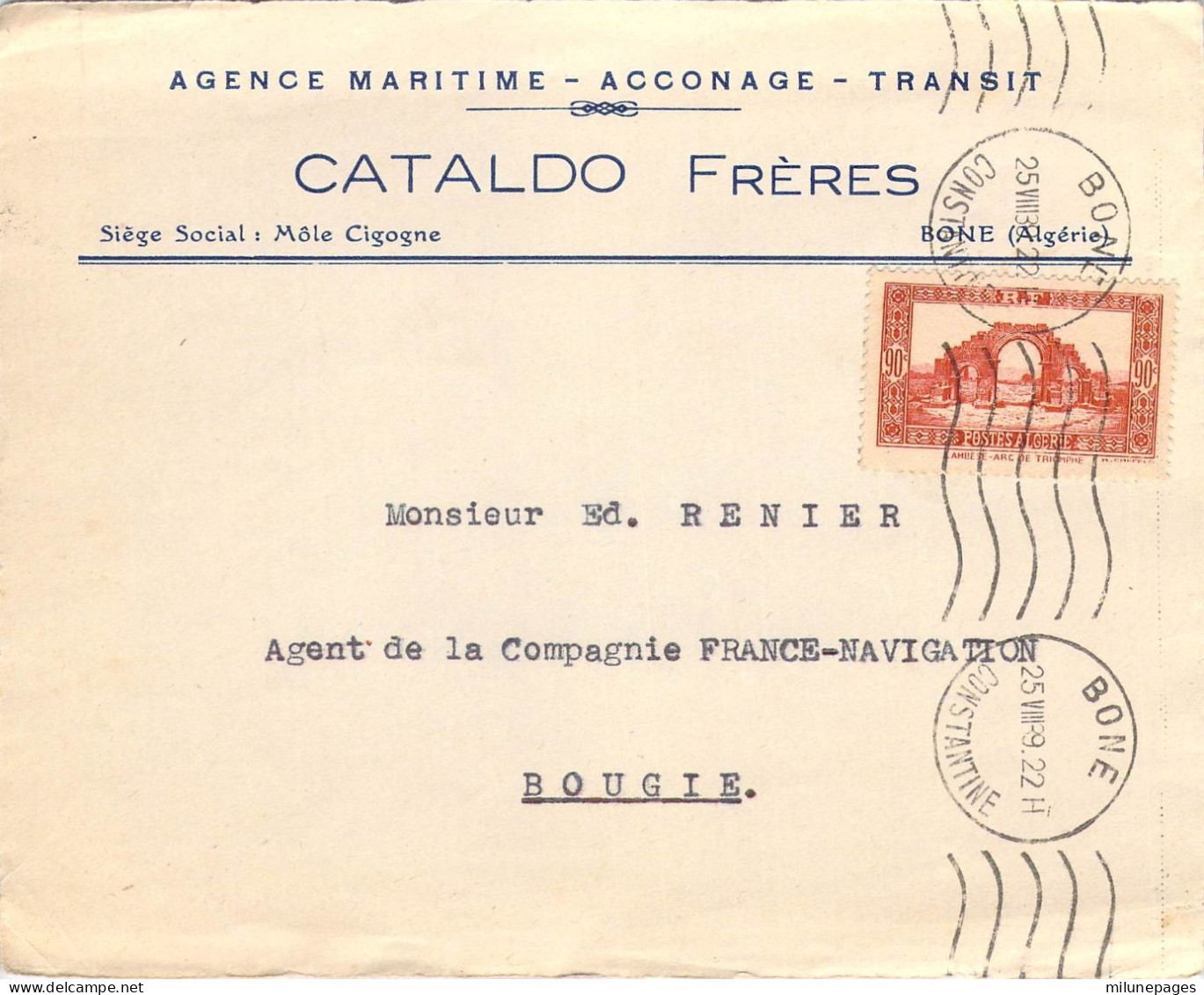 Devant De Lettre Cataldo Frères Agent Maritime Acconage Transit à Bone Algérie Flamme Sur 90c Arc Triomphe Lambèse 1939 - Covers & Documents