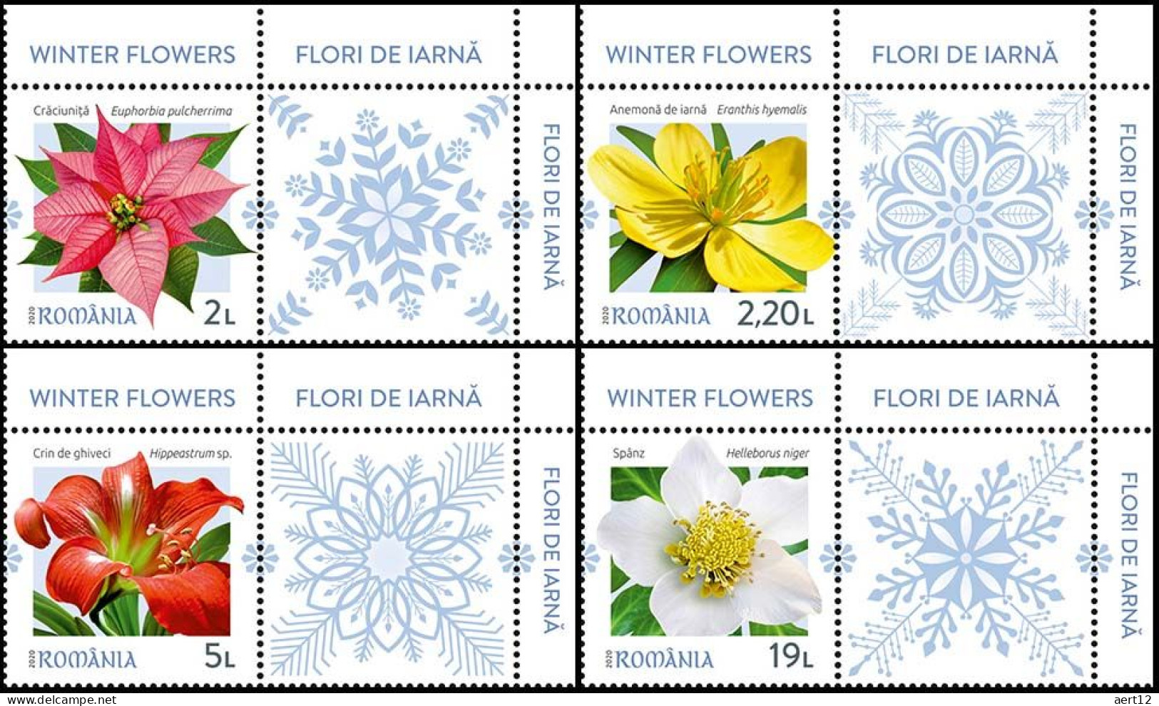 ROMANIA, 2020, WINTER FLOWERS, Plants, Set Of 4 Stamps + Label, MNH (**); LPMP 2310 - Unused Stamps