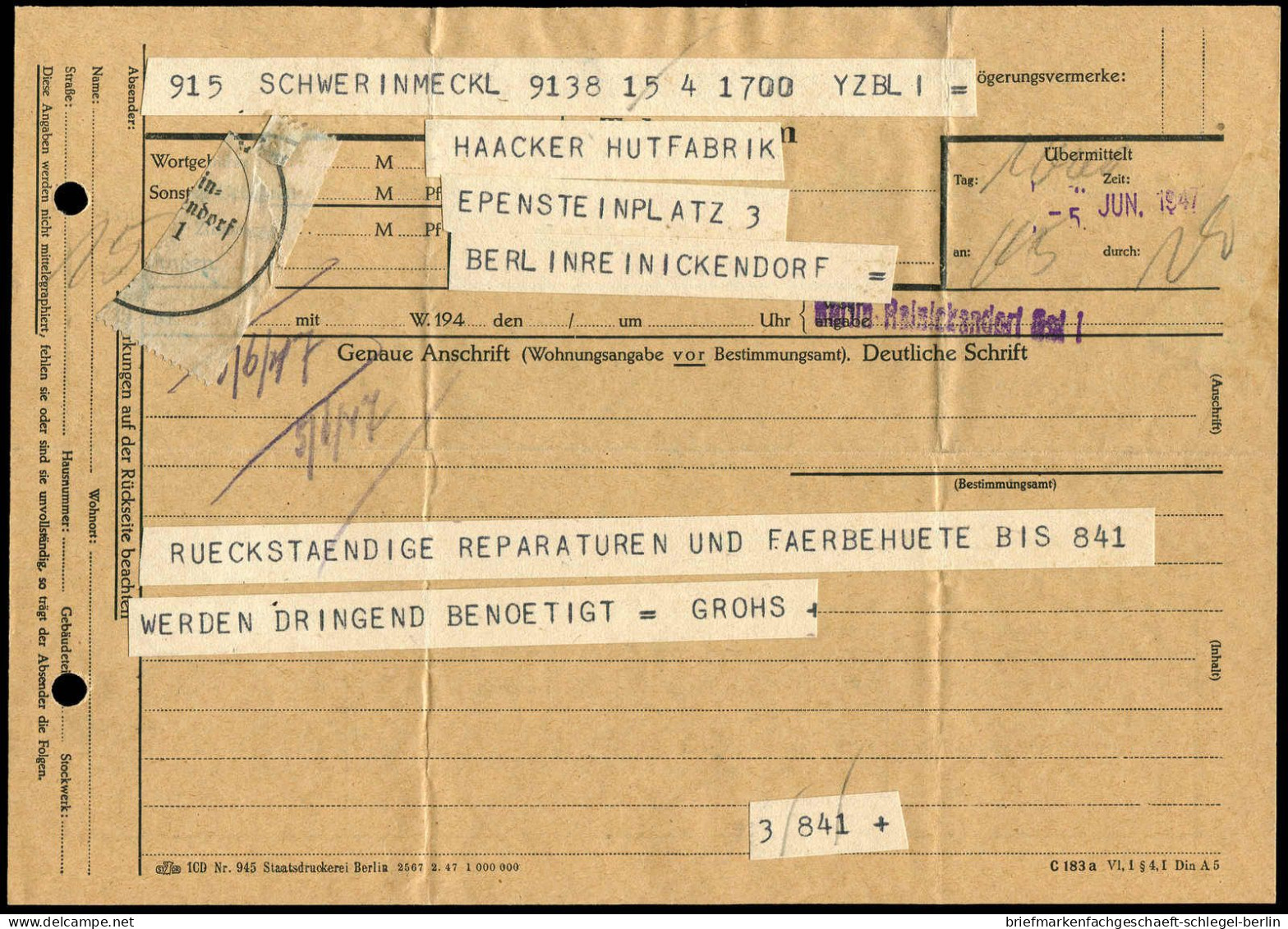 Berlin Vorläufer, 1947, Brief - Other & Unclassified