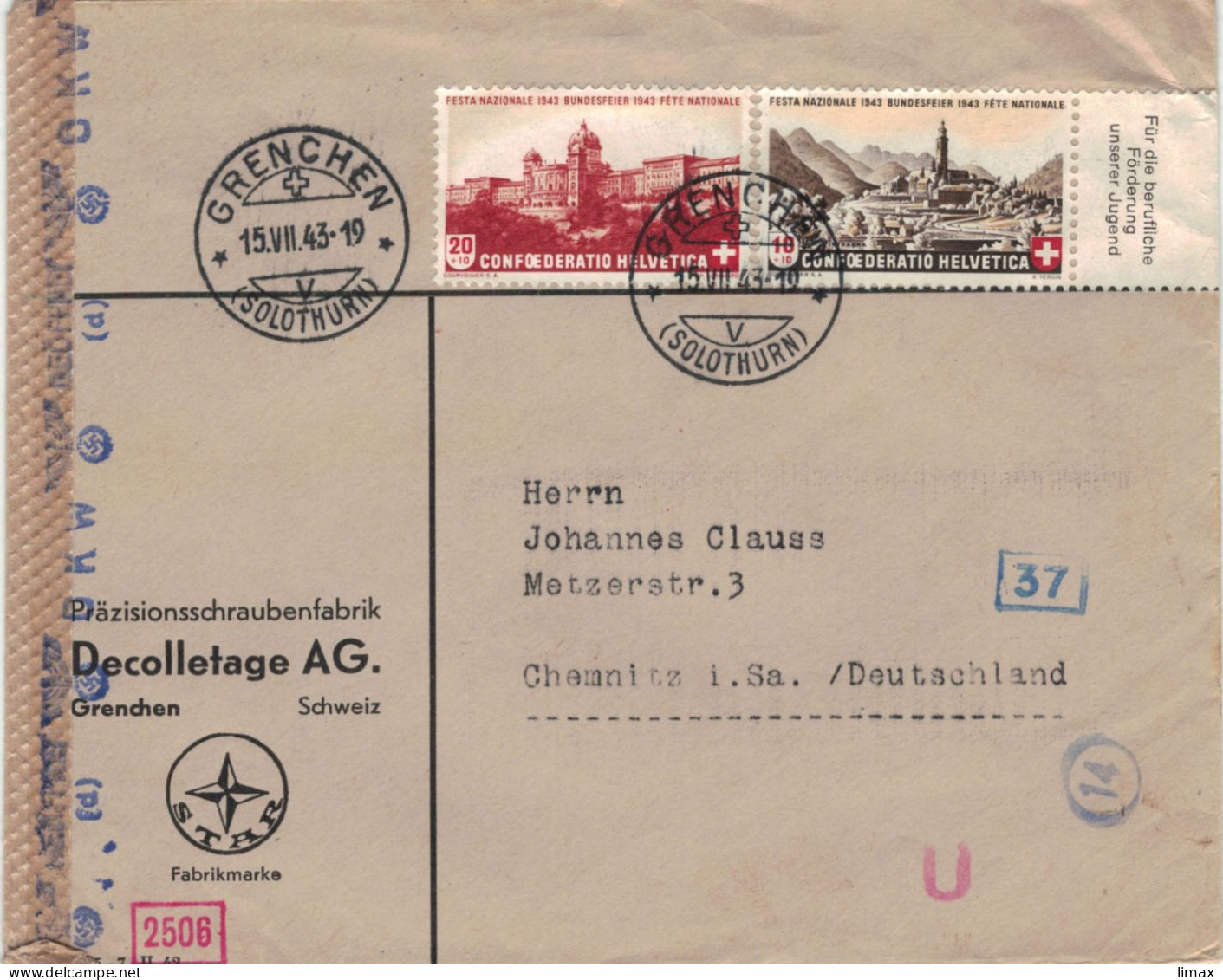 Decolletage AG Grenchen Schrauben 1943 > Clauss Chemnitz - Zensur OKW - Bundesfeier Förderung Jugend - Cartas & Documentos