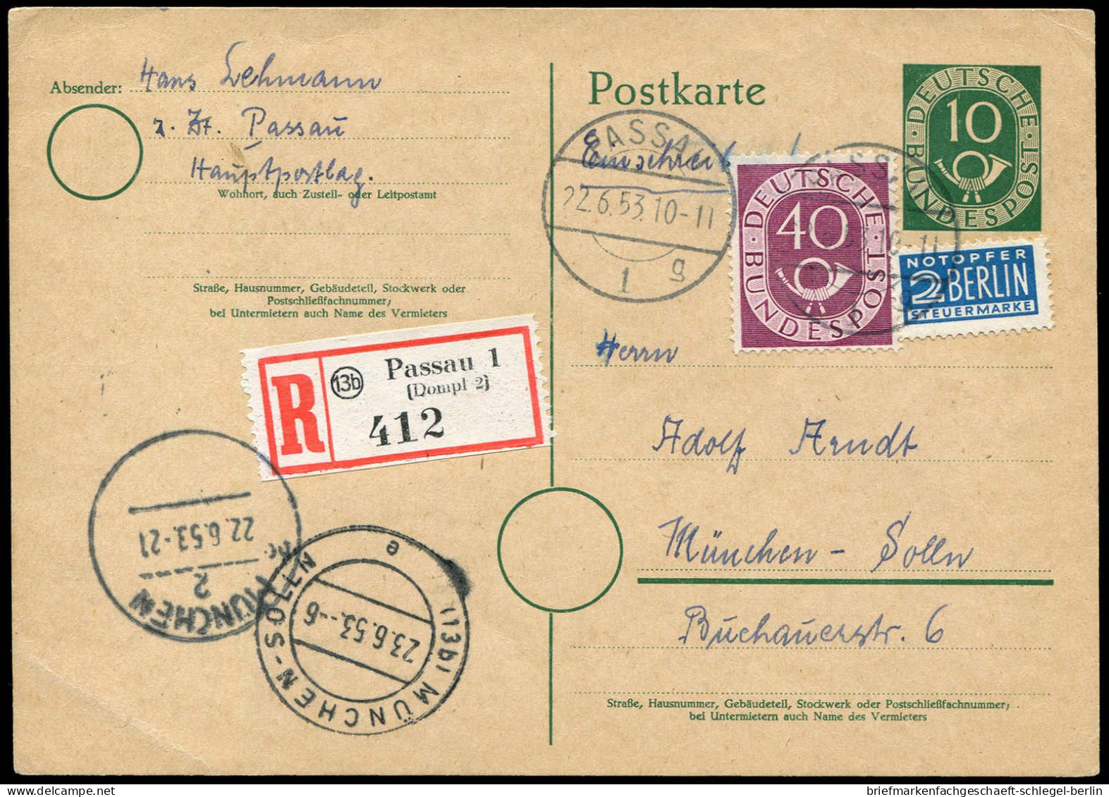 Bundesrepublik Deutschland, 1953, 133 + P 12 II, Brief - Sonstige & Ohne Zuordnung