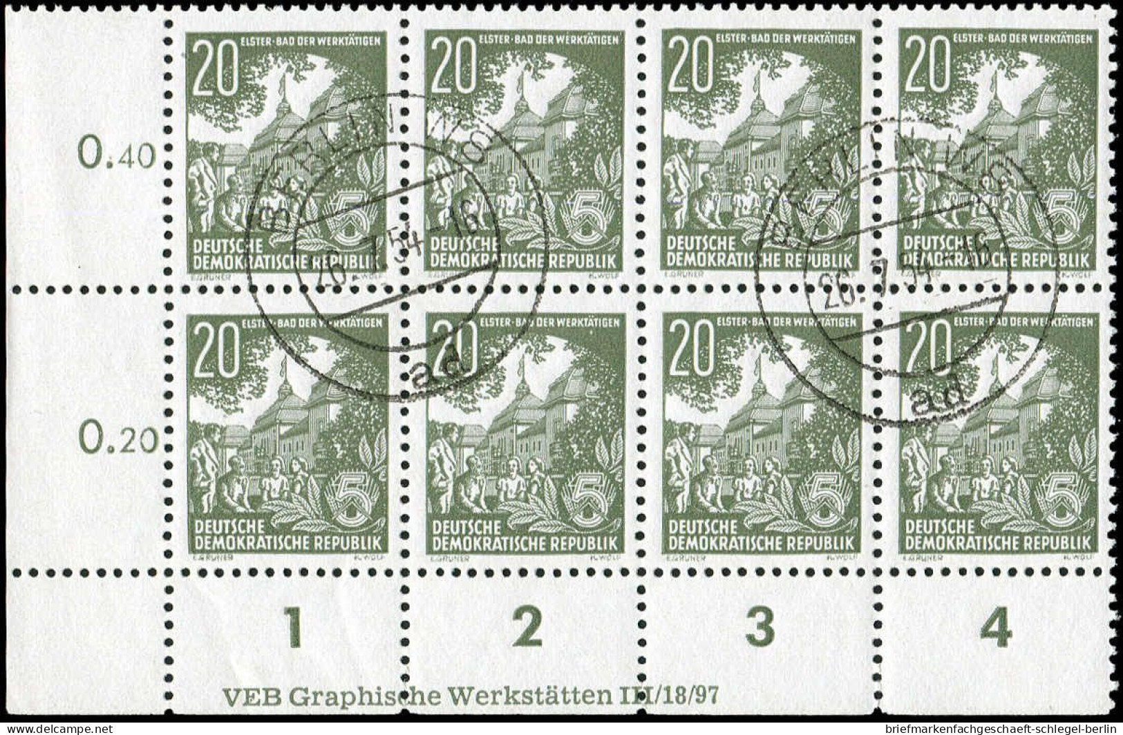 DDR, 1953, 413 XI (8) DV 1, Gef.gestempelt, Viererblock - Sonstige & Ohne Zuordnung