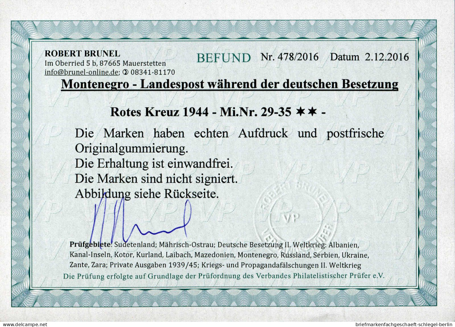 Deutsche Besetz.II.WK Montenegro, 1944, 29-35, Postfrisch - Bezetting 1938-45