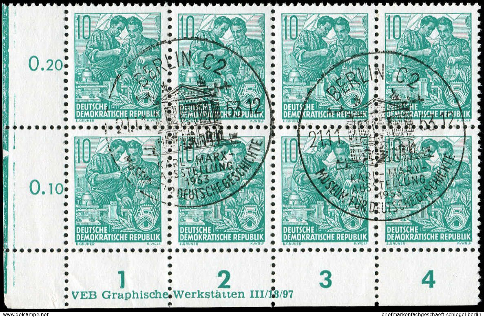 DDR, 1953, 409 XI (8) DV1, Gef.gestempelt, Viererblock - Sonstige & Ohne Zuordnung