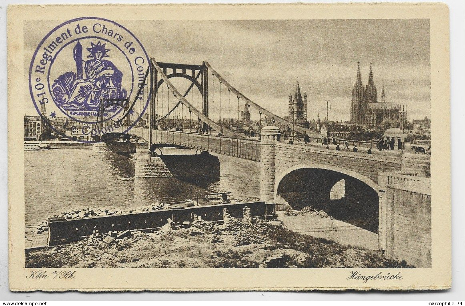 GERMANY CARTE KOLN COLOGNE  CAHET VIOLET DEESSE ASSISE 510E REGIMENT DE CHARS DE COMBAT 1923 - Militaire Stempels Vanaf 1900 (buiten De Oorlog)