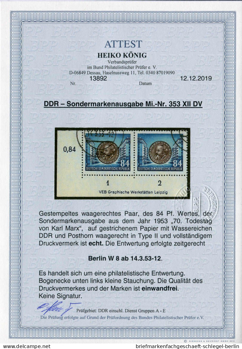 DDR, 1953, 353 XII (2) DV, Gef.gestempelt, Paar - Other & Unclassified