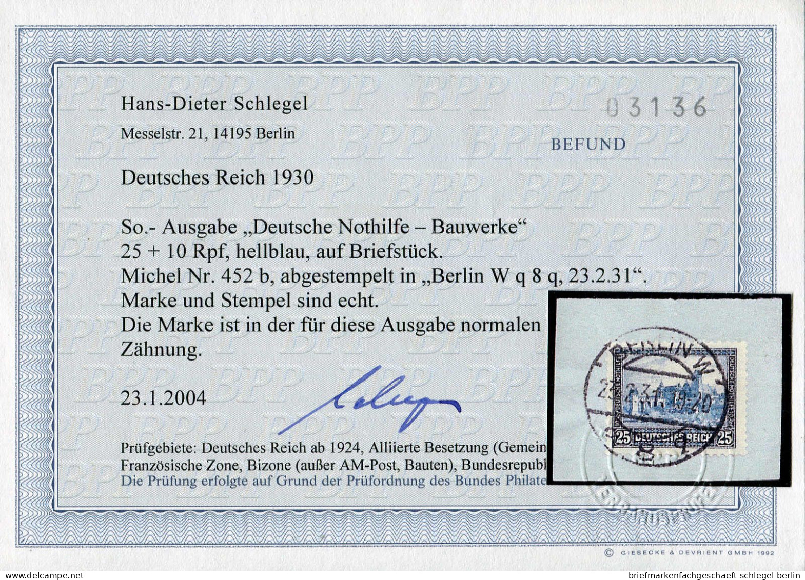 Deutsches Reich, 1930, 452 B, Briefstück - Sonstige & Ohne Zuordnung