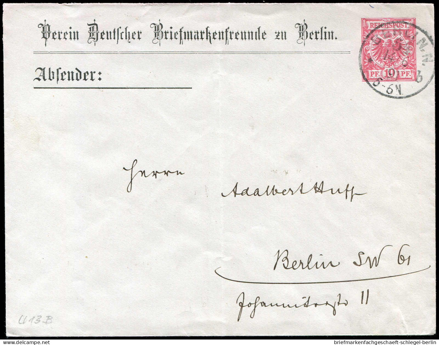 Deutsches Reich, 1890, U 13 B, Brief - Autres & Non Classés
