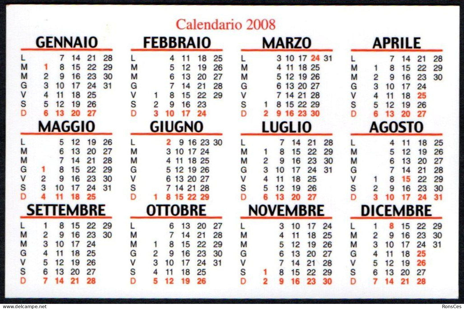 ITALIA 2008 - CALENDARIO TASCABILE - DAL 1860 OSTERIA BARALLA - LUCCA - I - Kleinformat : 2001-...