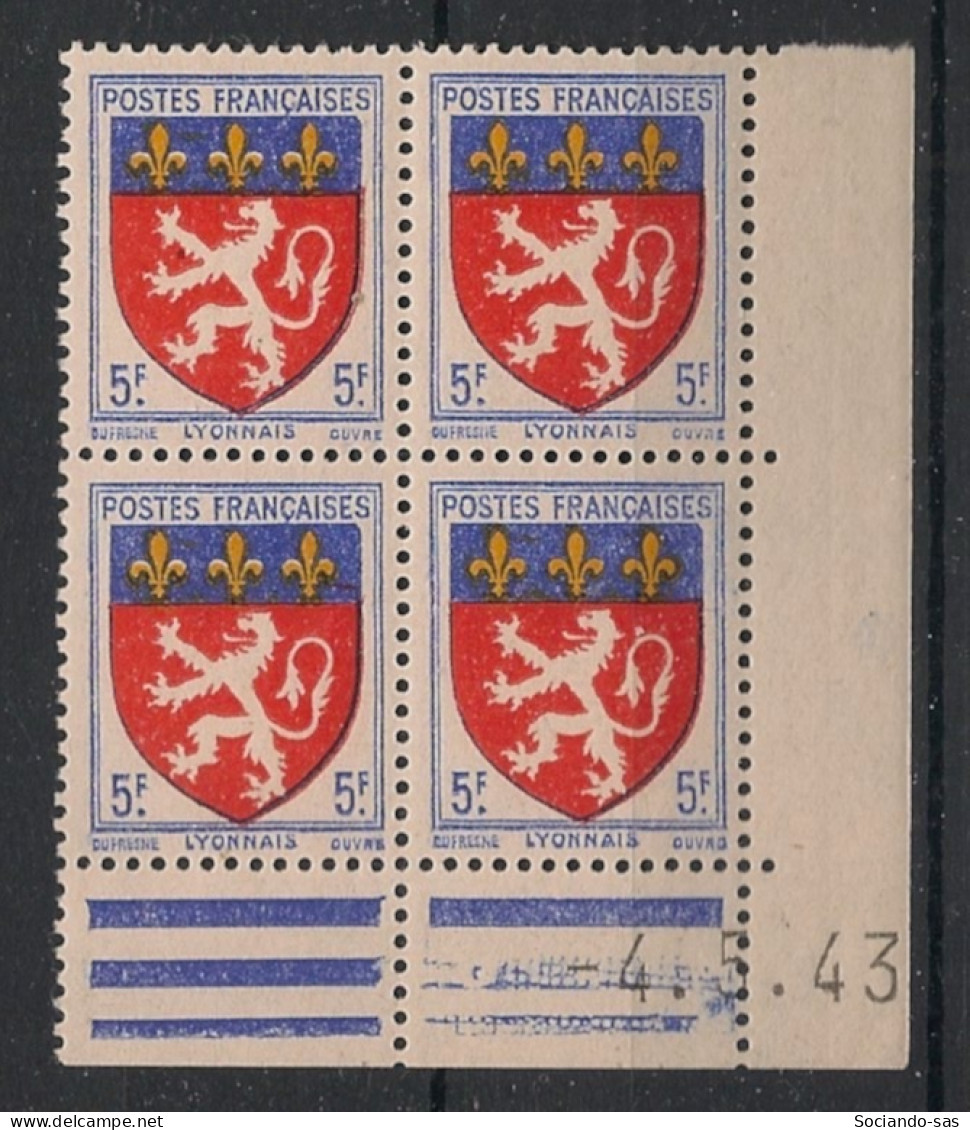 FRANCE - 1943 - N°YT. 572 - Blason Du Lyonnais - Bloc De 4 Coin Daté - Neuf Luxe ** / MNH / Postfrisch - 1940-1949