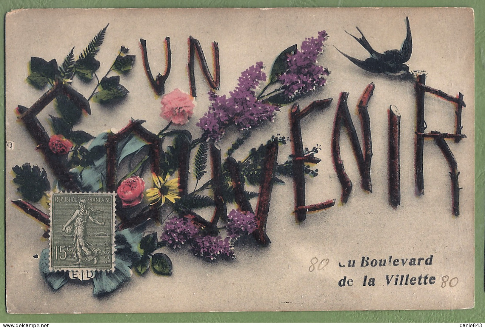 CPA  Fantaisie Rare - PARIS - " UN SOUVENIR DU BOULEVARD DE  LA VILLETTE". Décors Fleurs Et Oiseau - Arrondissement: 19