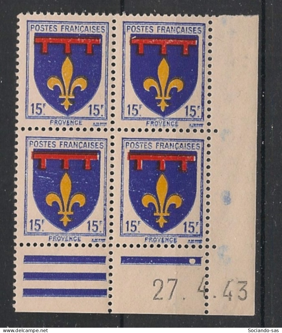 FRANCE - 1943 - N°YT. 574 - Blason De Provence - Bloc De 4 Coin Daté - Neuf Luxe ** / MNH / Postfrisch - 1940-1949