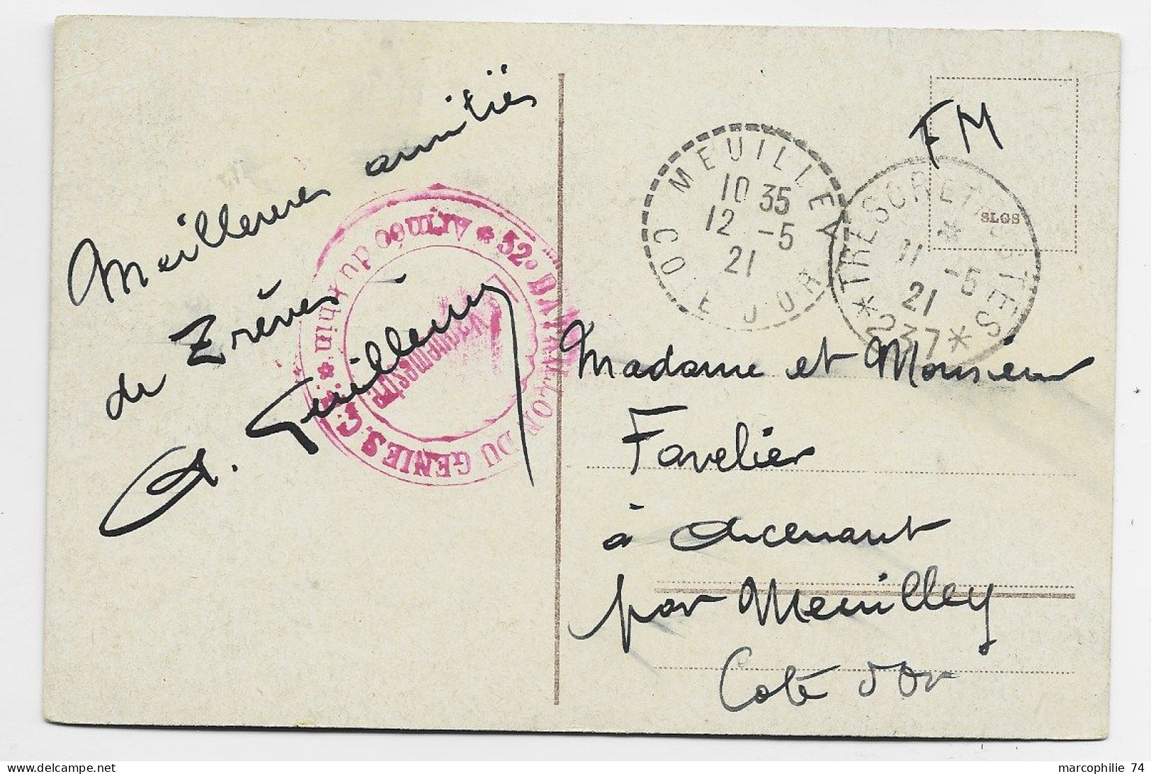 GERMANY CARTE TRIER + TRESOR ET POSTES *237* 1921 + CACHET ROUGE 52E BATAILLON DU GENIE ARMEE DU RHIN - Military Postmarks From 1900 (out Of Wars Periods)