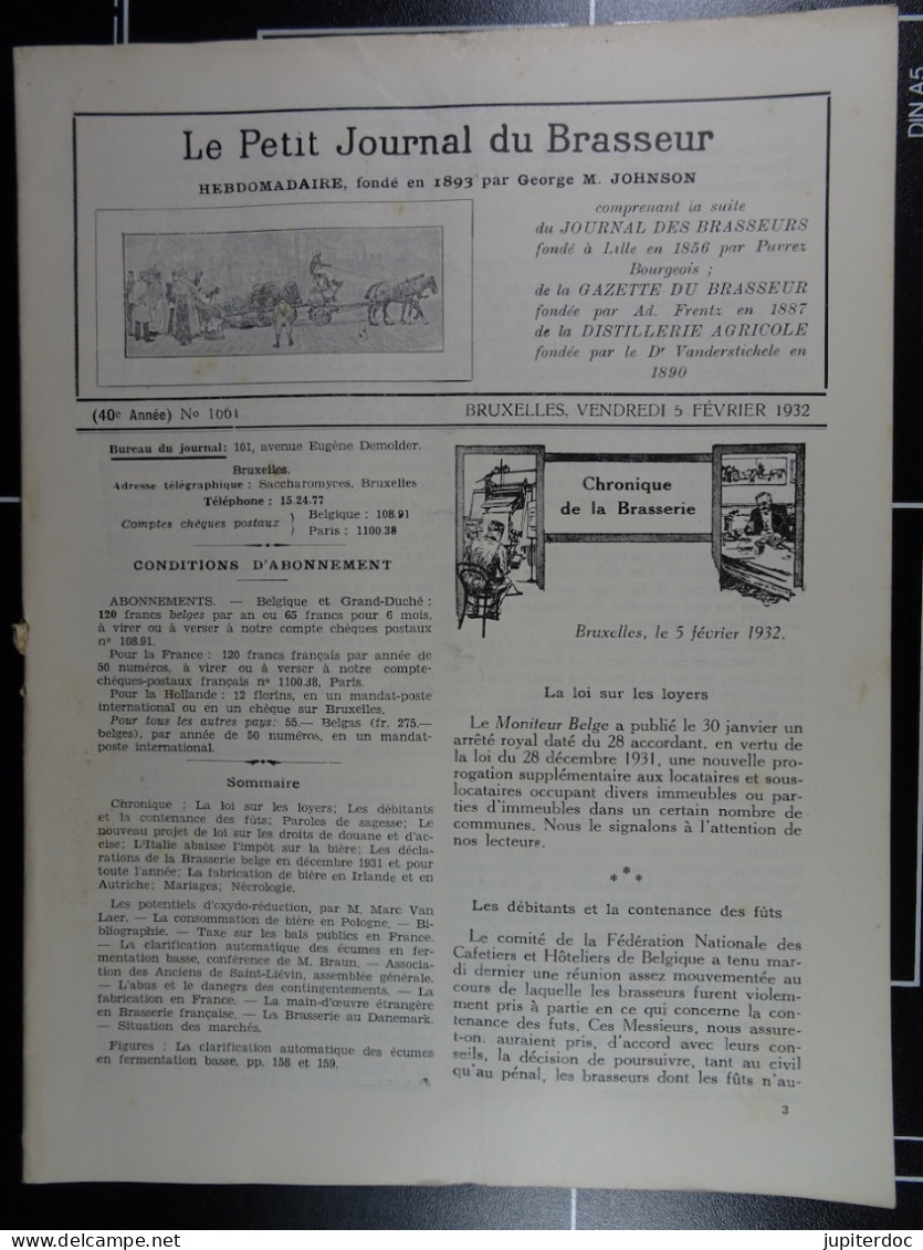 Le Petit Journal Du Brasseur N° 1661 De 1932 Pages 150 à 172 Brasserie Belgique Bières Publicité Matériel Brassage - 1900 - 1949