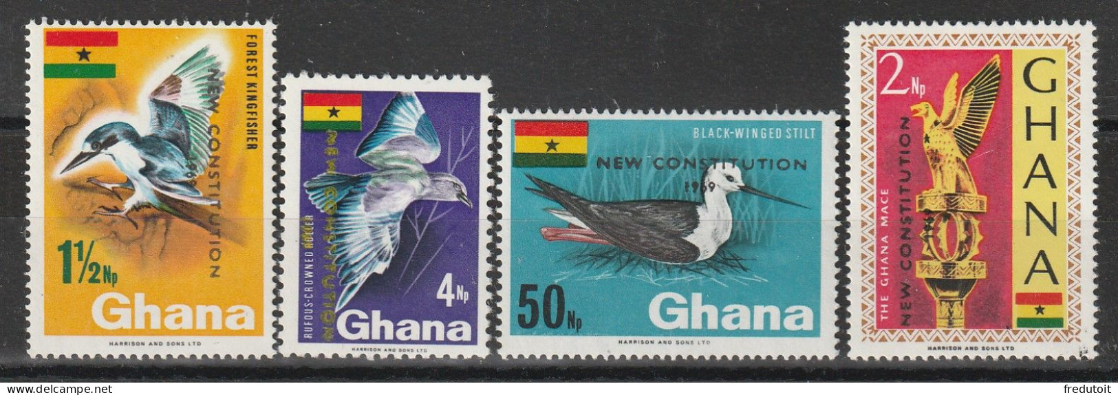 GHANA - N°345+346+349+355 ** (1969) Série Courante Surchargée : Oiseaux - Ghana (1957-...)
