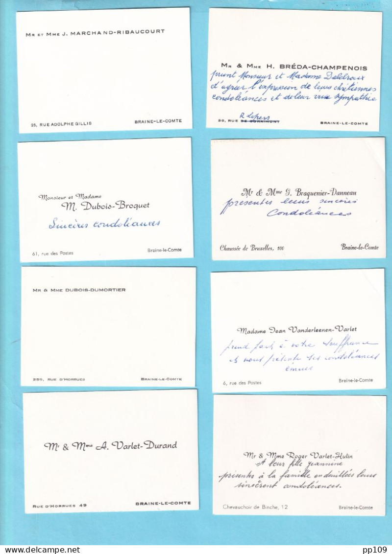  8 CV BRAINE LE COMTE Varlet Durand Dubois Dumortier Marchand Ribaucourt Broquet Breda Champenois Varlet Hulin  - Visiting Cards