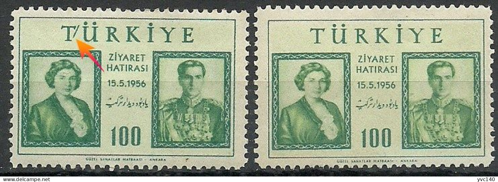 Turkey; 1956 Visit Of Iran Shah And Queen To Turkey ERROR "A Slash Between The Letters Of T And Ü" MNH** - Nuovi