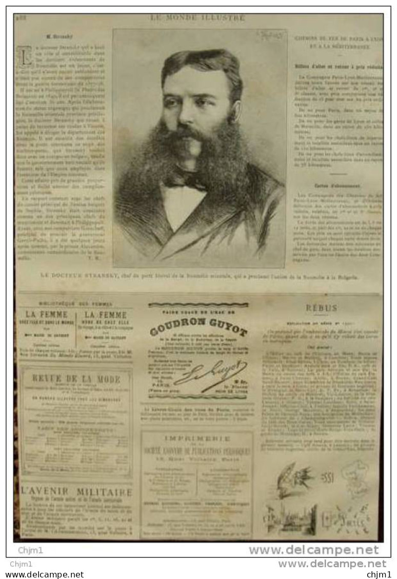 Le Docteur Stransky, Chef Du Parti Libéral, Qui A Proclamé L'union De La Roumélie à La Bulgarie - Page Original 1885 - Documents Historiques