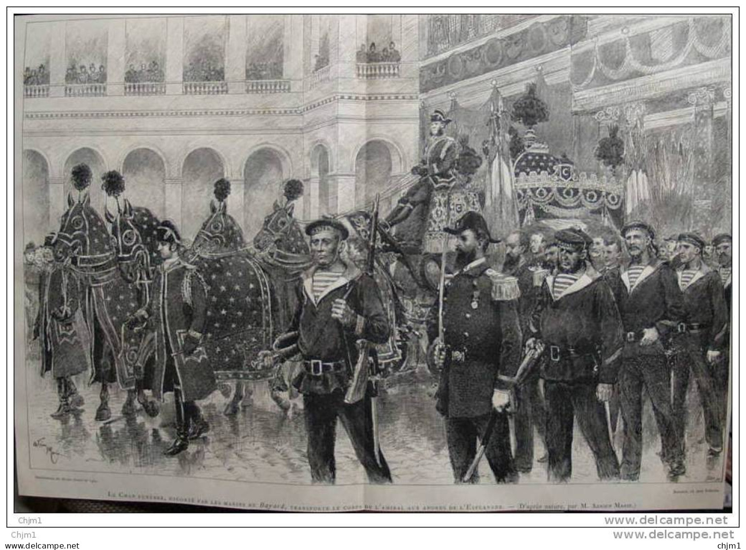 Le Char Funèbre, Transporte Le Corps De L&acute;Amiral Courbet Aux Abords De L&acute;Esplanade - Page Original -  1885 - Documents Historiques