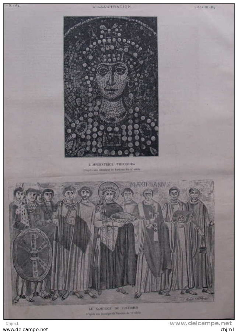 L'impératrice Théodora, D'après Une Mosaique De Ravenne - Le Cortège De Justinien - Page Original 1885 - Documents Historiques
