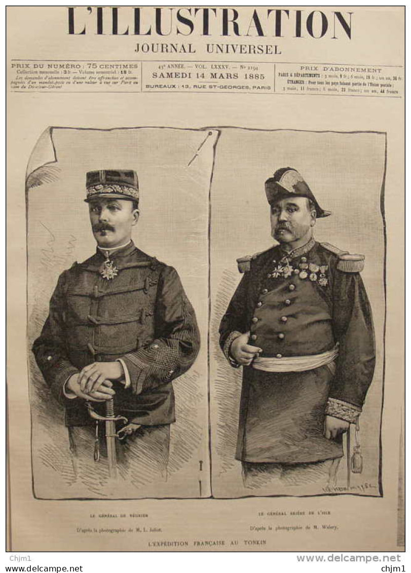 L'expédition Francaise Au Tonkin - Le Général De Négrier - Le Général Brière De L'Isle - Page Original 1885 - Documents Historiques
