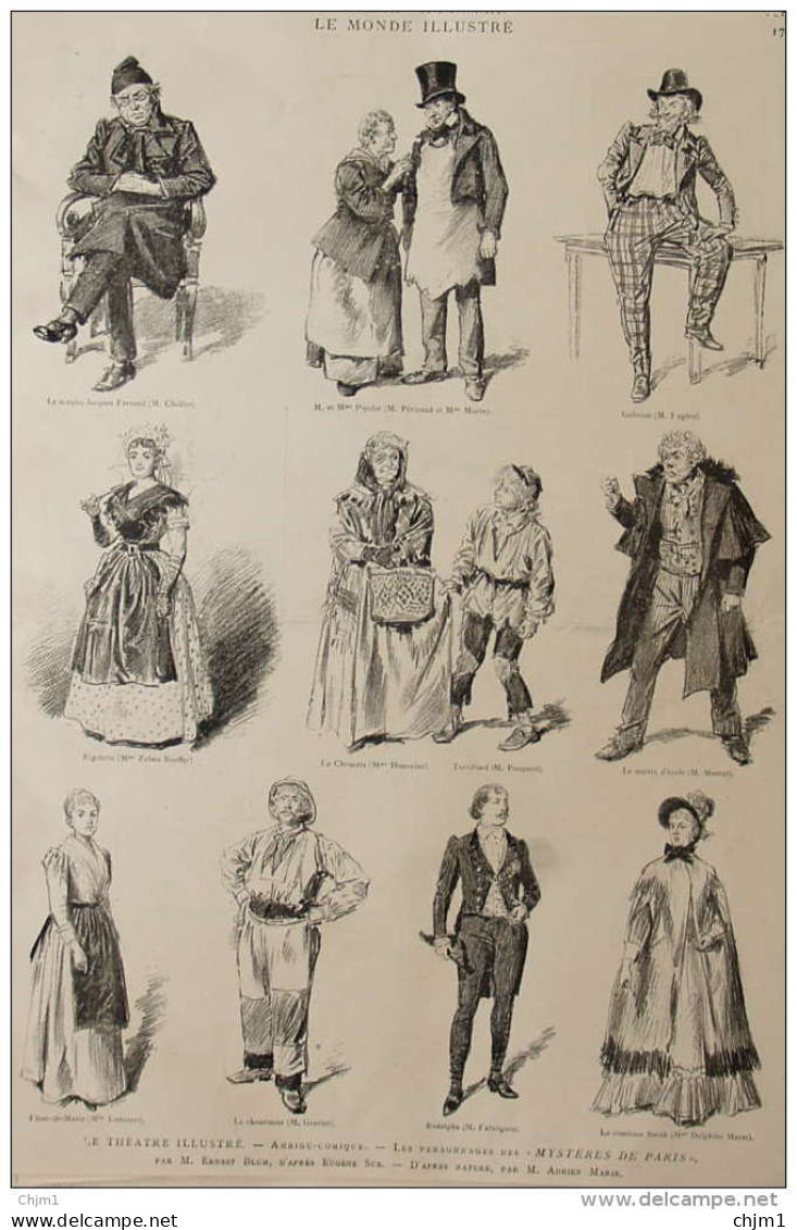 Le Théâtre Illustré - Les Personnages Des "Mystères De Paris" - Gabrion - Rigolette - Rodolphe - Page Original 1885 - Documents Historiques