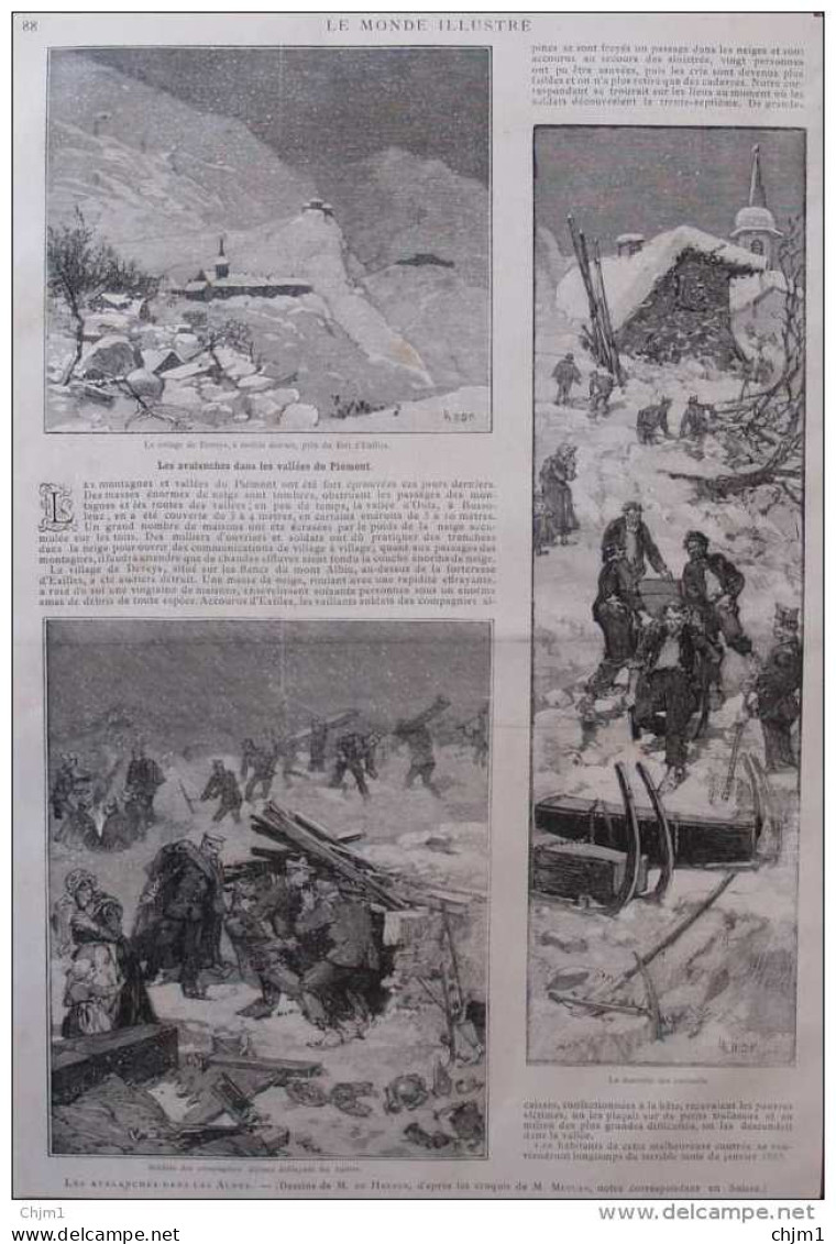 Les Avalanches Dans Les Alpes - Le Village De Deveys, à Moitié Détruit - Page Original 1885 - Historische Dokumente