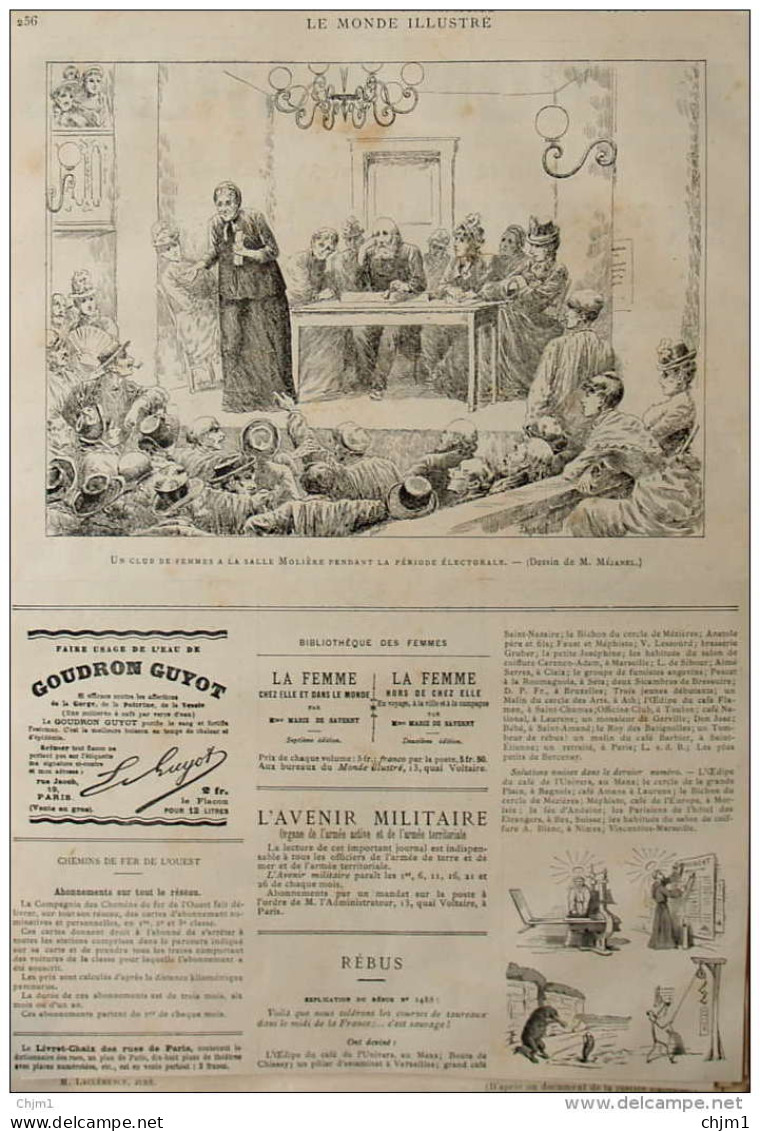Un Club De Femmes à La Salle Molière Pendant La Période électorale - Page Original 1885 - Historische Dokumente