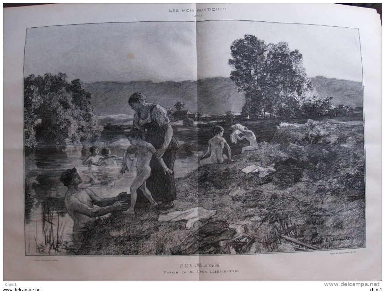 Le Soir, Dans La Rivière, Fusain De M. Léon Lhermitte - Page Double Original 1885 - Historische Dokumente