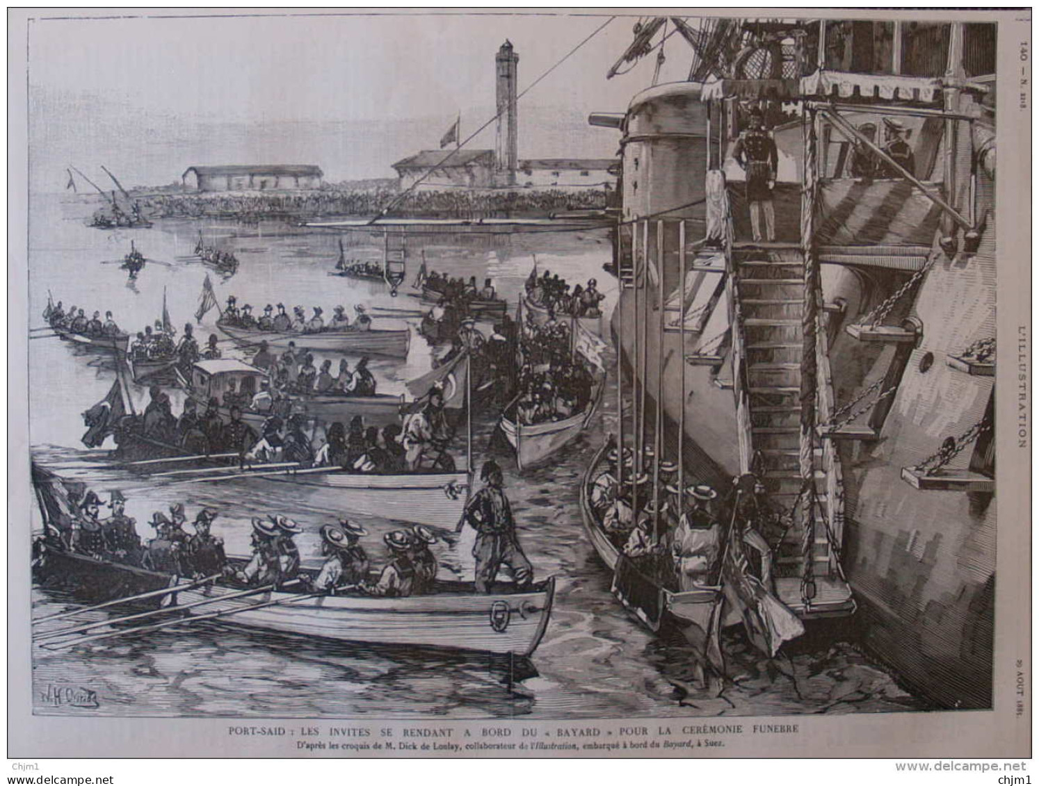 Port-Said, Les Invites Se Rendant à Bord Du "Bayard" Pour La Cerémonie Funèbre - Page Original 1885 - Historische Dokumente
