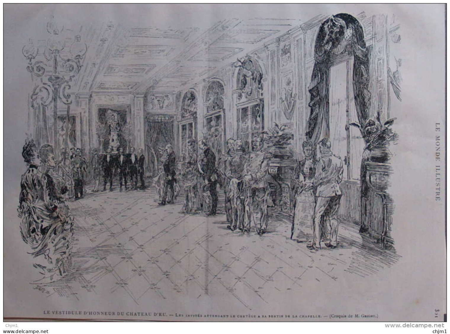 Funèbres De Victor Hugo - Le Vestibule D'honneur Du Château D'Eu - Page Original 1885 - Historical Documents