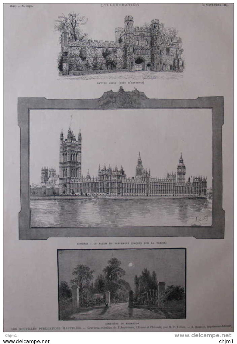 Londres, London - Le Palais Du Parlament - Cimetière De Brompton - Battle Abbey - Page Original - 1885 - Documents Historiques