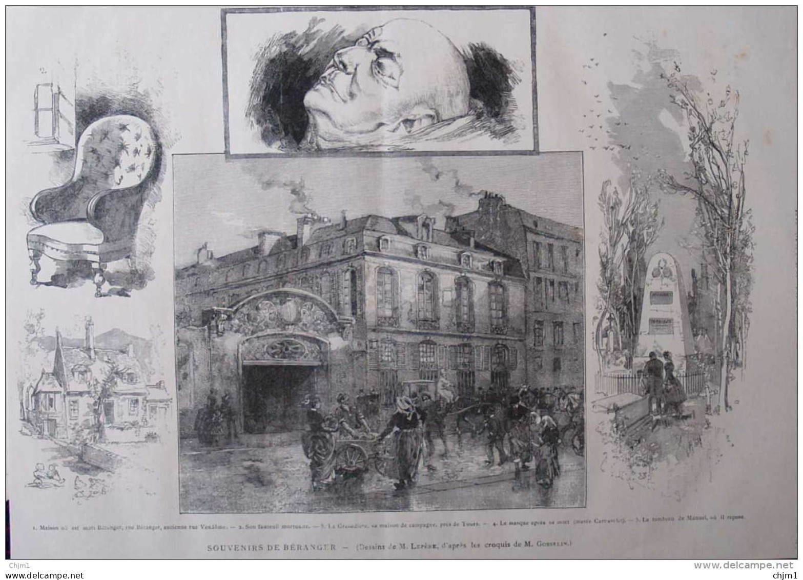 Souvenirs De Béranger - Le Masque Après Sa Mort - La Maison Où Est Mort Béranger - Page Original - 1885 - Historische Dokumente