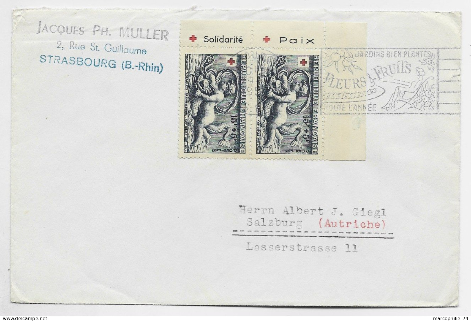 FRANCE CROIX ROUGE SURTAXE 15F PAIRE PUB SOLIDARITE + PAIX LETTRE COVER STRASBOURG 1952 POUR AUTRICHE AU TARIF - Brieven En Documenten