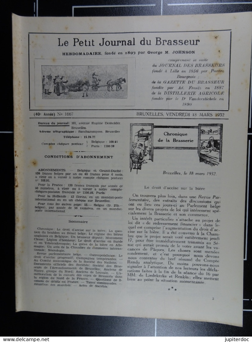 Le Petit Journal Du Brasseur N° 1667 De 1932 Pages 310 à 332 Brasserie Belgique Bières Publicité Matériel Brassage - 1900 - 1949