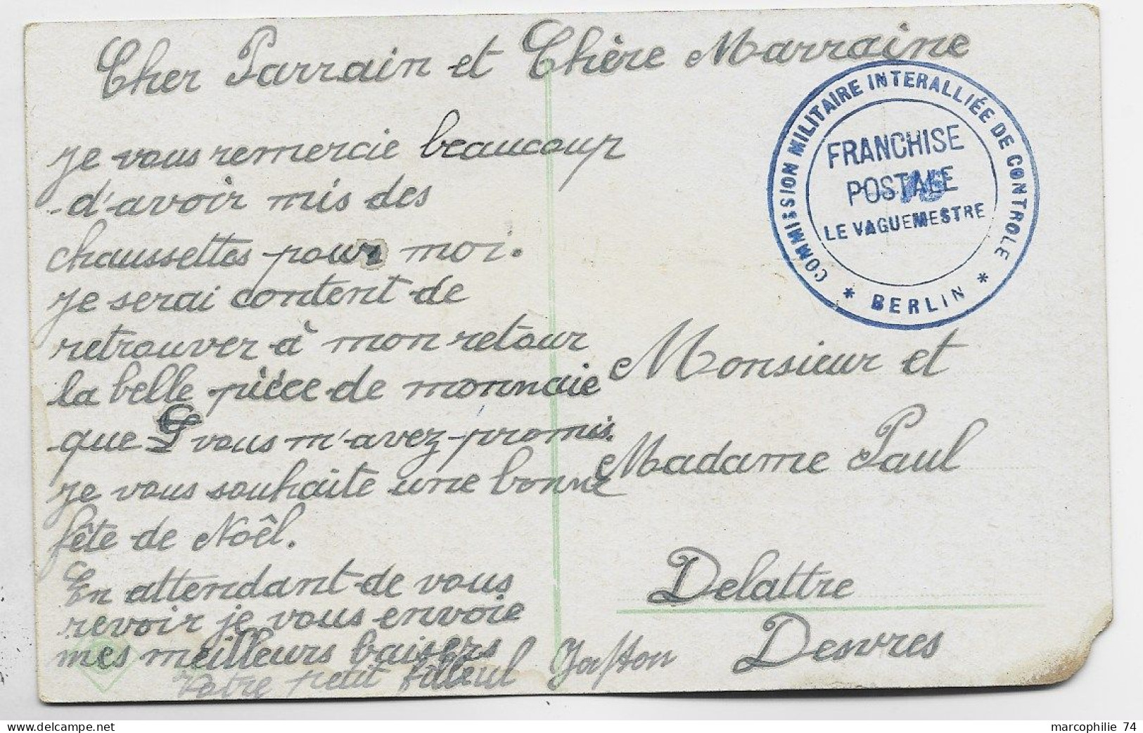 GERMANY CARD ANGLE DEFAUT + CACHET BLEU COMMISSION MILITAIRE INTERALLIEE DE CONTROLE BERLIN FRANCHISE - Cachets Militaires A Partir De 1900 (hors Guerres)