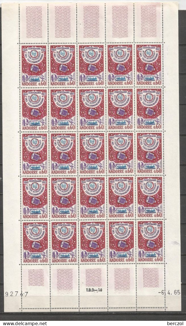 ANDORRE ANNEE 1965 N°173 NEUF** MNH BLOC DE 25 EX COIN DATE TB COTE 187,50 €  - Unused Stamps