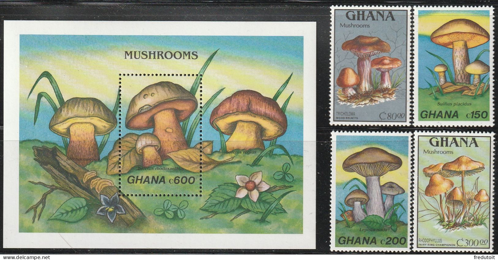 GHANA - N°1026/9+BLOC N°143 ** (1989) Champignons - Ghana (1957-...)