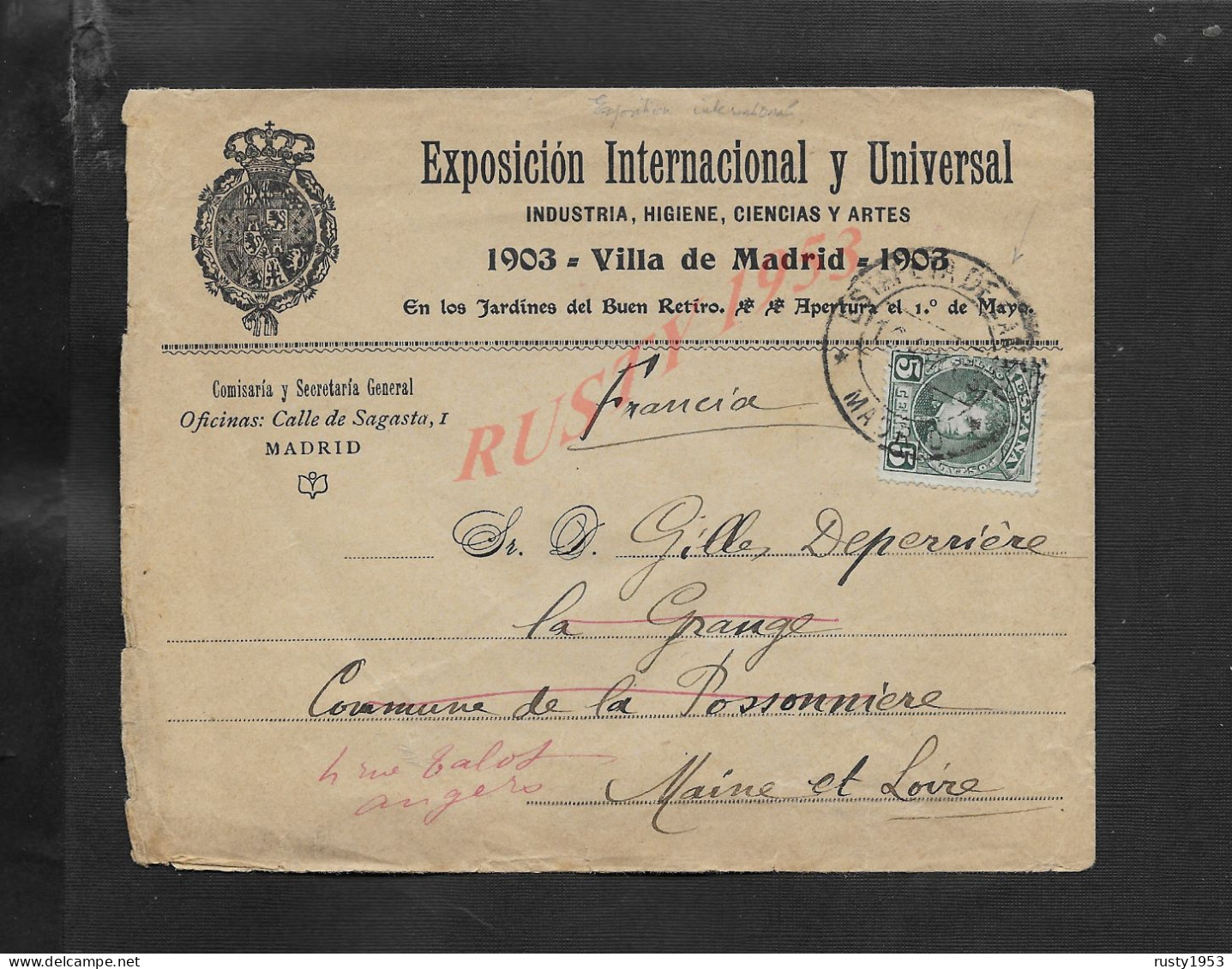ESPAGNE LETTRE AVEC TÊTE SUR TIMBRE DE 1903 ESPOSITION INTERNACIONAL  Y UNIVERSEL VILLE DE MADRID  CACHET POSSONNIERE : - Covers & Documents