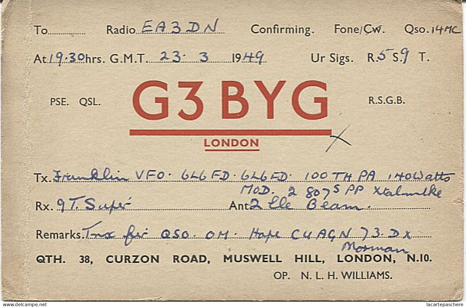 X120927 CARTE QSL RADIO AMATEUR G3BYG GRANDE BRETAGNE GREAT BRITAIN ANGLETERRE ENGLAND LONDRES LONDON EN 1949 - Radio Amateur